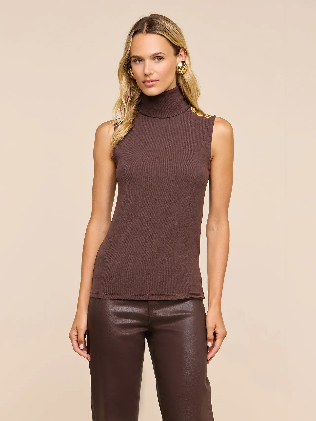 Ceci Sleeveless Turtleneck in Dark Java/Gold | L'AGENCE | L'Agence