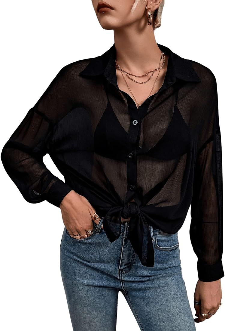SweatyRocks Women's Casual Chiffon Sheer Blouse Bishop Sleeve Collar Button Down Loose Shirts Top... | Amazon (US)