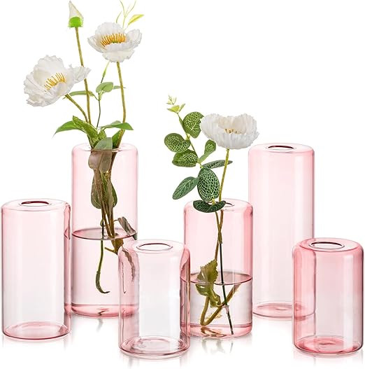 Small Glass Bud Vases for Centerpieces – Hewory 6pcs Pink Blown Single Flower Vases Bulk, Moder... | Amazon (US)