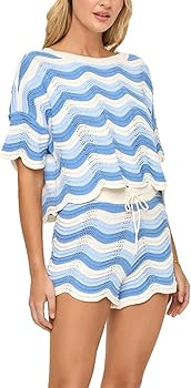 2 Piece Sets for Women Short Sleeve Striepd Crochet Cover Up Tied Shorts Beach Clothes | Amazon (US)