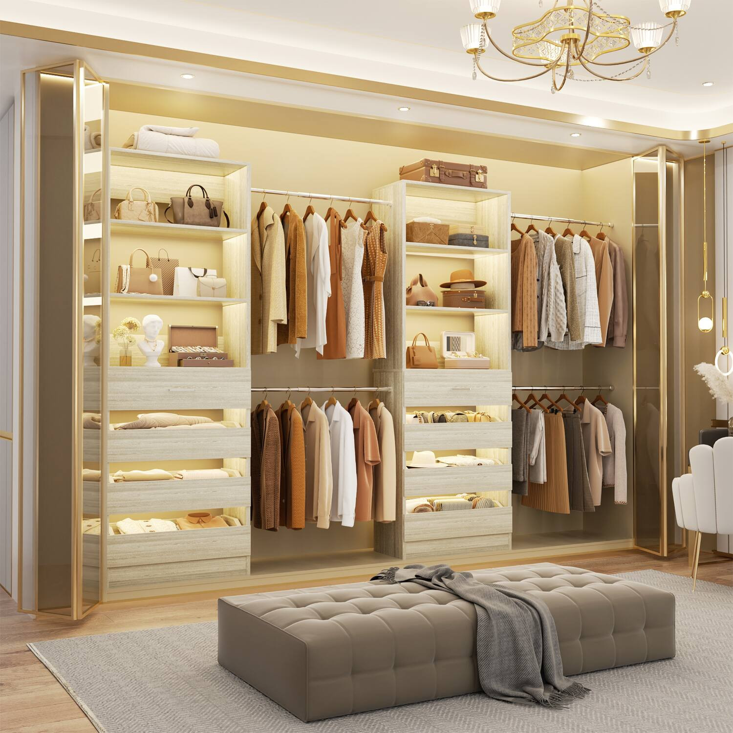 Aheaplus - 6-15Ft Wood Walk-in Closet Organizer: 8 Drawers, 4 Hanging Rods & Tower - White Oak | Best Buy U.S.