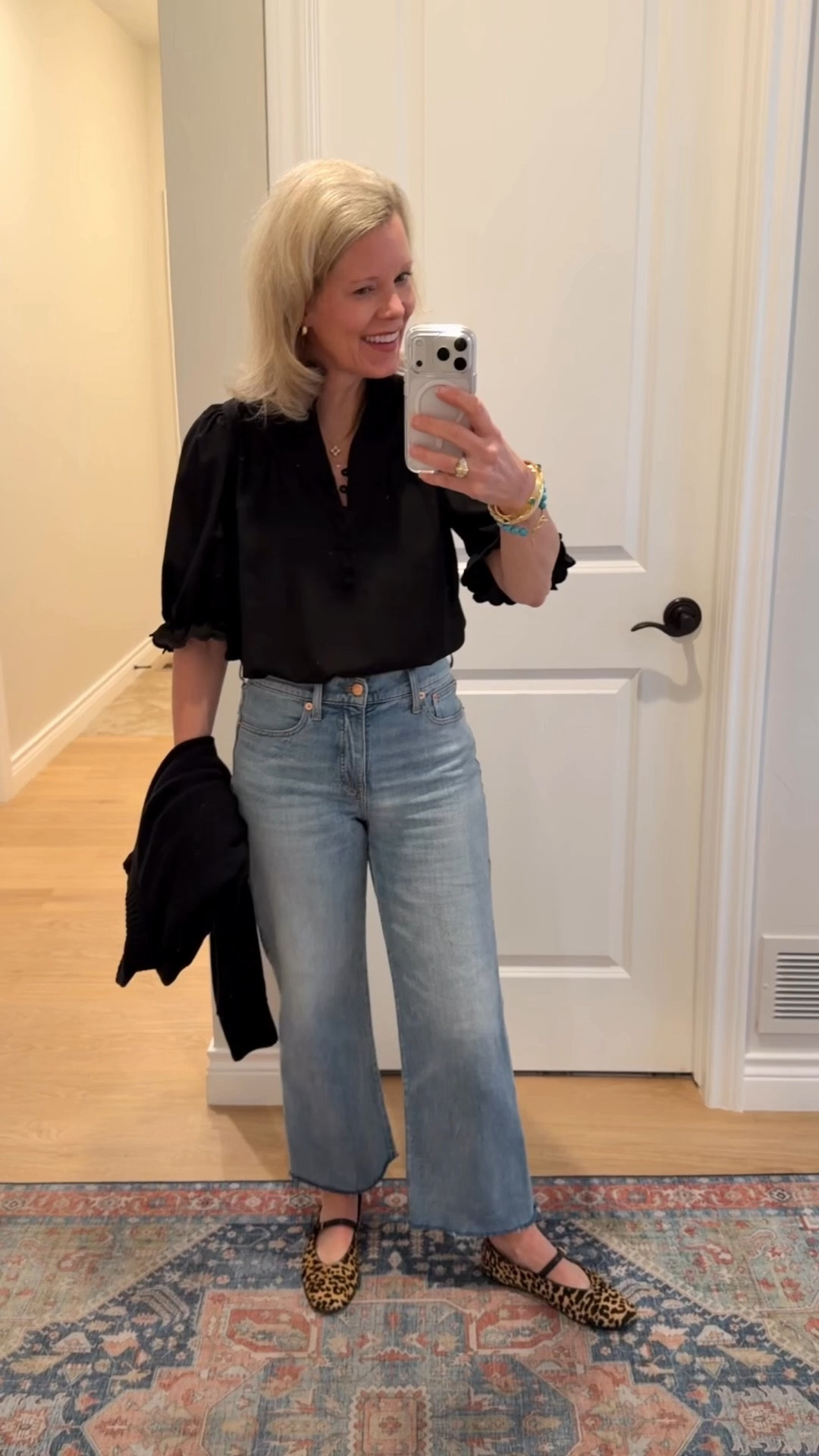 OOTD church edition. When you love something you wear it a bunch. This black top from @Tuckernuck is timeless, beautiful, and definitely a favorite.  I’ve been wearing these cropped wide leg jeans a lot. They are great for petites because you can cut them to your desired length. I bought both pieces and my regular size. Small top and 26 jeans  ￼￼
￼

#LTKootd #LTKdayinmylife #LTKOver40