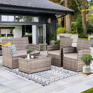 JUSKYS 4-Piece Outdoor Patio Wicker Furniture Sectional Sofa set with Gray Cushions and Glass Cof... | The Home Depot