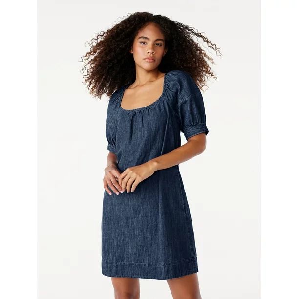 Free Assembly Women's Square Neck Denim Mini Dress with Puff Sleeves, Sizes XS-XXL - Walmart.com | Walmart (US)