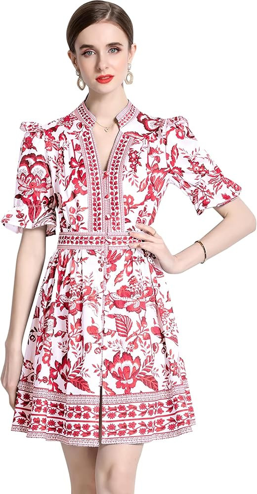 LAI MENG FIVE CATS Women's Button Up Short Puff Sleeve V-Neck Floral Print Split Casual Mini Dres... | Amazon (US)