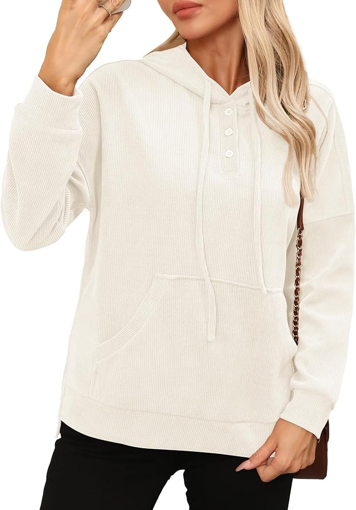 LILBETTER Womens Long Sleeve Pullover Hoodies Drawstring Sweatshirt Fall Knit Ribbed Tops with Po... | Amazon (US)