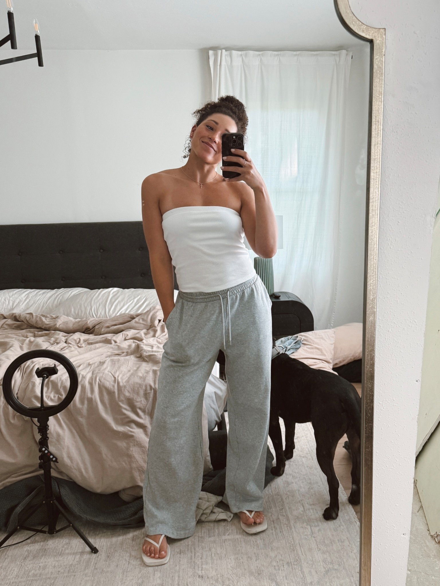 Effortless and comfortable outfit for $30!! Sweat pants, tube top and flip flops linked! 

#LTKFindsUnder100 #LTKSaleAlert #LTKFindsUnder50