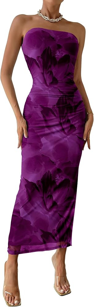 PRETTYGARDEN Women's Summer Maxi Bodycon Dresses Strapless Tube Top Printed Long Party Club Slit ... | Amazon (US)