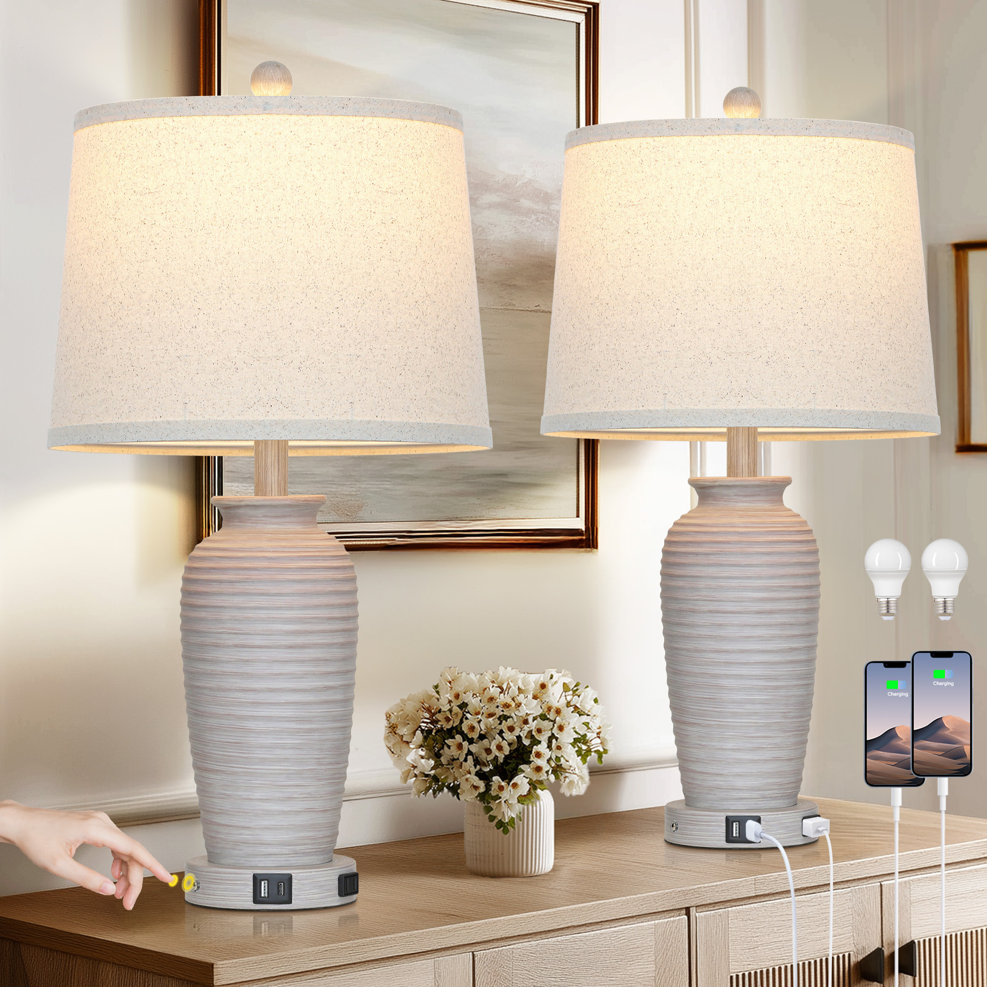 UrFurnishings Modern 24.3-in Light Gray LED Touch Table Lamp with Linen Shade one_size | TD-470 | Lowe's