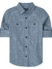 Boys Long Roll Up Sleeve Chambray Button Down Shirt | The Children's Place | The Children's Place