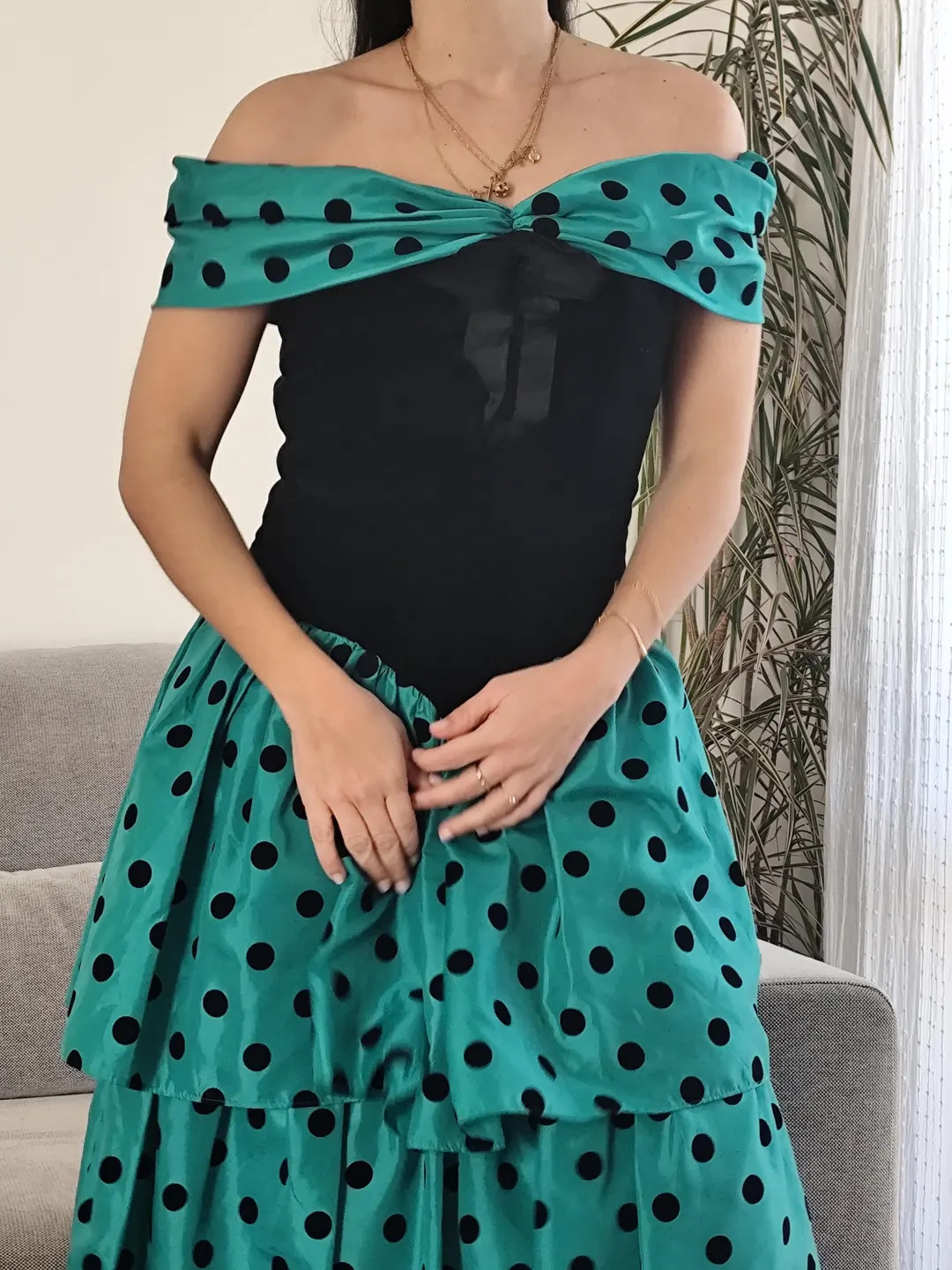 Vintage Green Polka Dot Velvet Cocktail Dress – 80s Ruffles Tiered Skirt | Etsy (US)