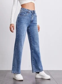 SHEIN BASICS Stone Wash Middle-Waisted Straight Jeans | SHEIN