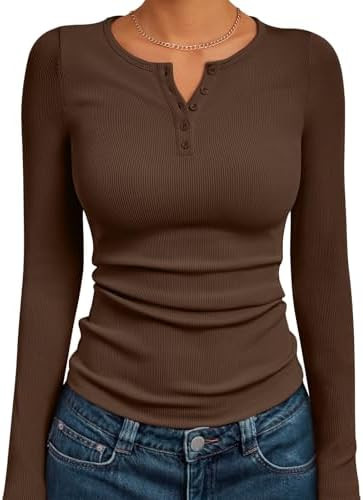 Trendy Queen Womens Long Sleeve Shirts 2025 Henley Casual Fall Outfits Fitted Cotton Tops Ribbed ... | Amazon (US)