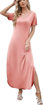 HUSKARY Women's Summer Maxi Dress Casual Loose Pockets Long Dress Short Sleeve Split Maxi Dresses | Amazon (US)