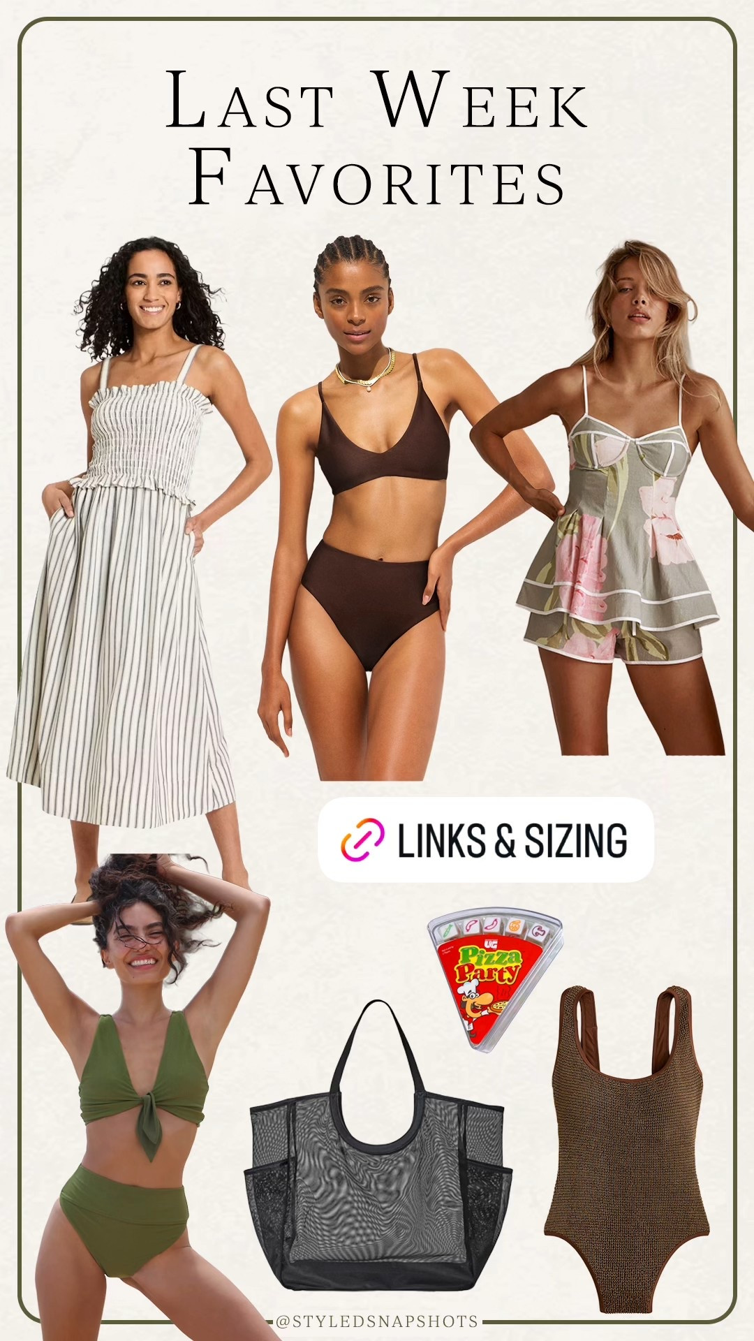 Last week follower favorites 
1. Target midi dress I wore on vacation. Size small
2. The best $15 beach bag 
3. The cutest set from a new to me brand. Size small 
4. Flattering Jcrew bikini size small 
5. I also have the green bikini in red and one of my most worn. Size small 
6. Perfect kids travel game
7. Flattering one piece swim. Love the back! Size 2 