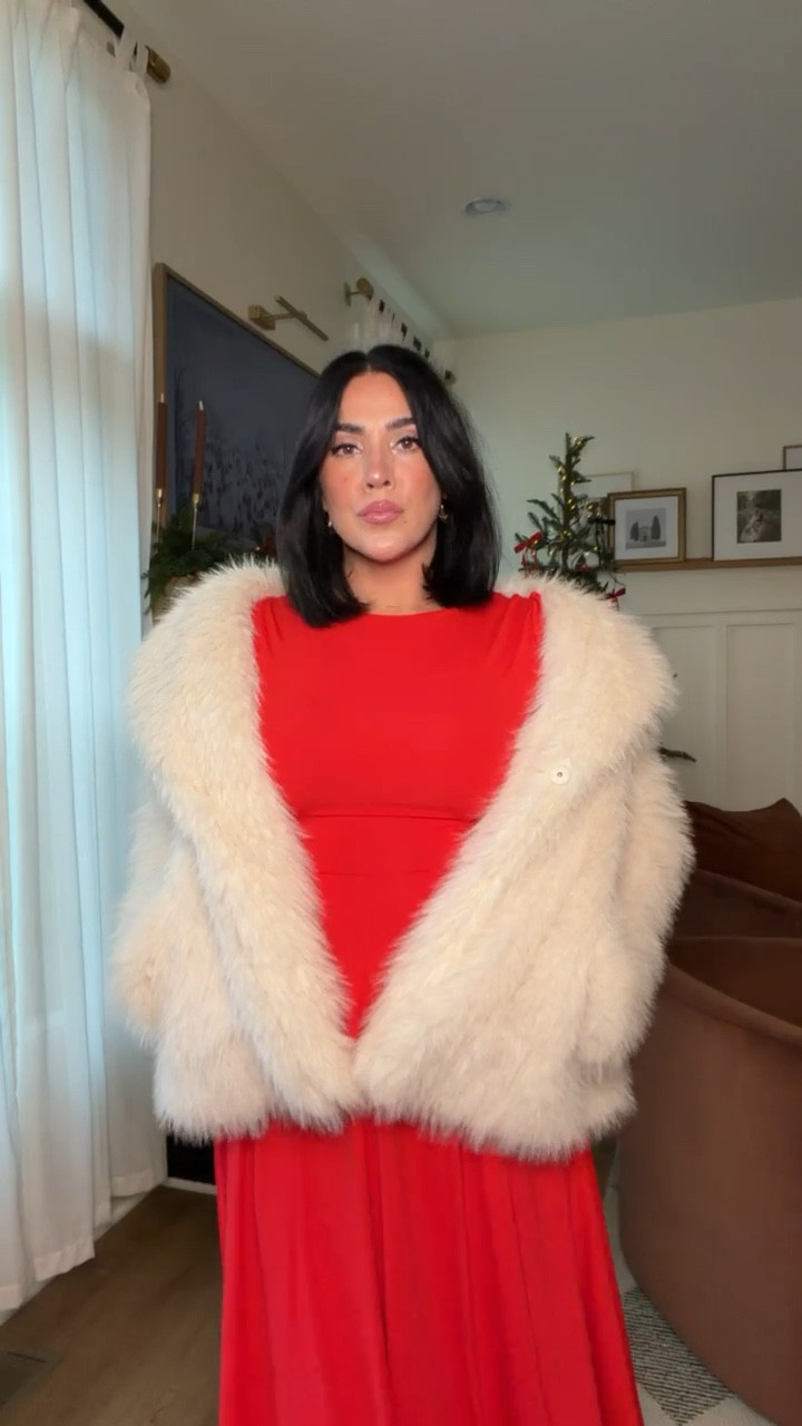 Comfy, stretchy red dress & fur coat holiday outfit! The a line is so flattering. Comes in other colors and I’m wearing it backwards! Size L has pockets. 

I’m 5’4 with long legs and I normally wear a size 10. Holiday party dress ideas for this season of parties and hosting.

#LTKMidsize #LTKHoliday #LTKSeasonal