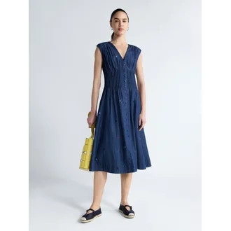 Free Assembly Women's Sleeveless Embroidered Denim V-Neck Midi Dress, Sizes XS-4X | Walmart (US)