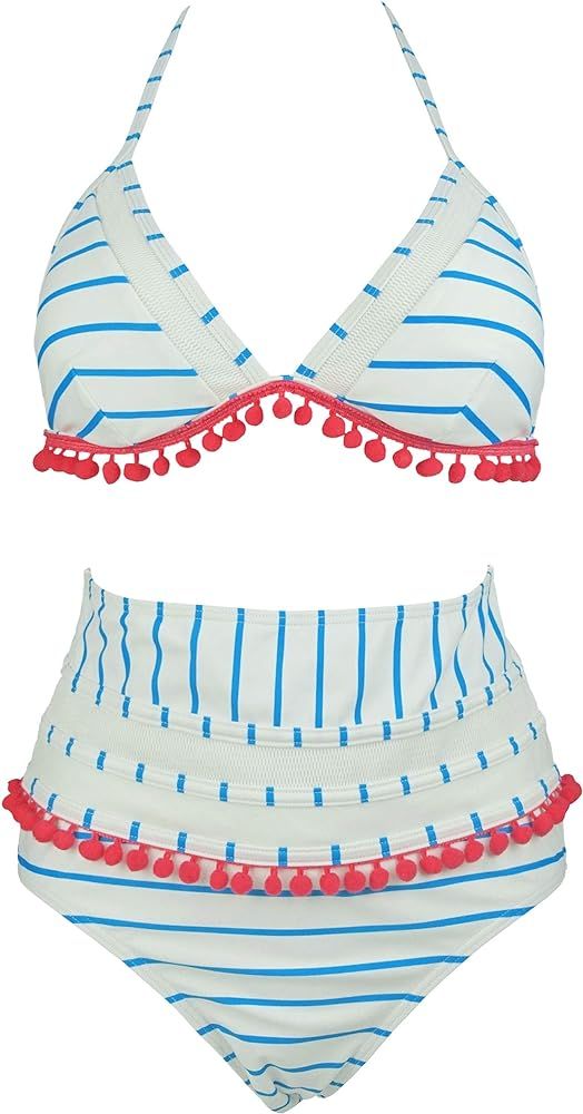 Women's Mesh Striped High Waist Bikini Set Tassel Trim Top Halter Straps Swimsuit(FBA) | Amazon (US)