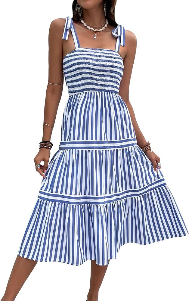 MakeMeChic Women's Summer Boho Dress Floral Print Spaghetti Strap Square Neck Shirred Maxi Dress Bea | Amazon (US)