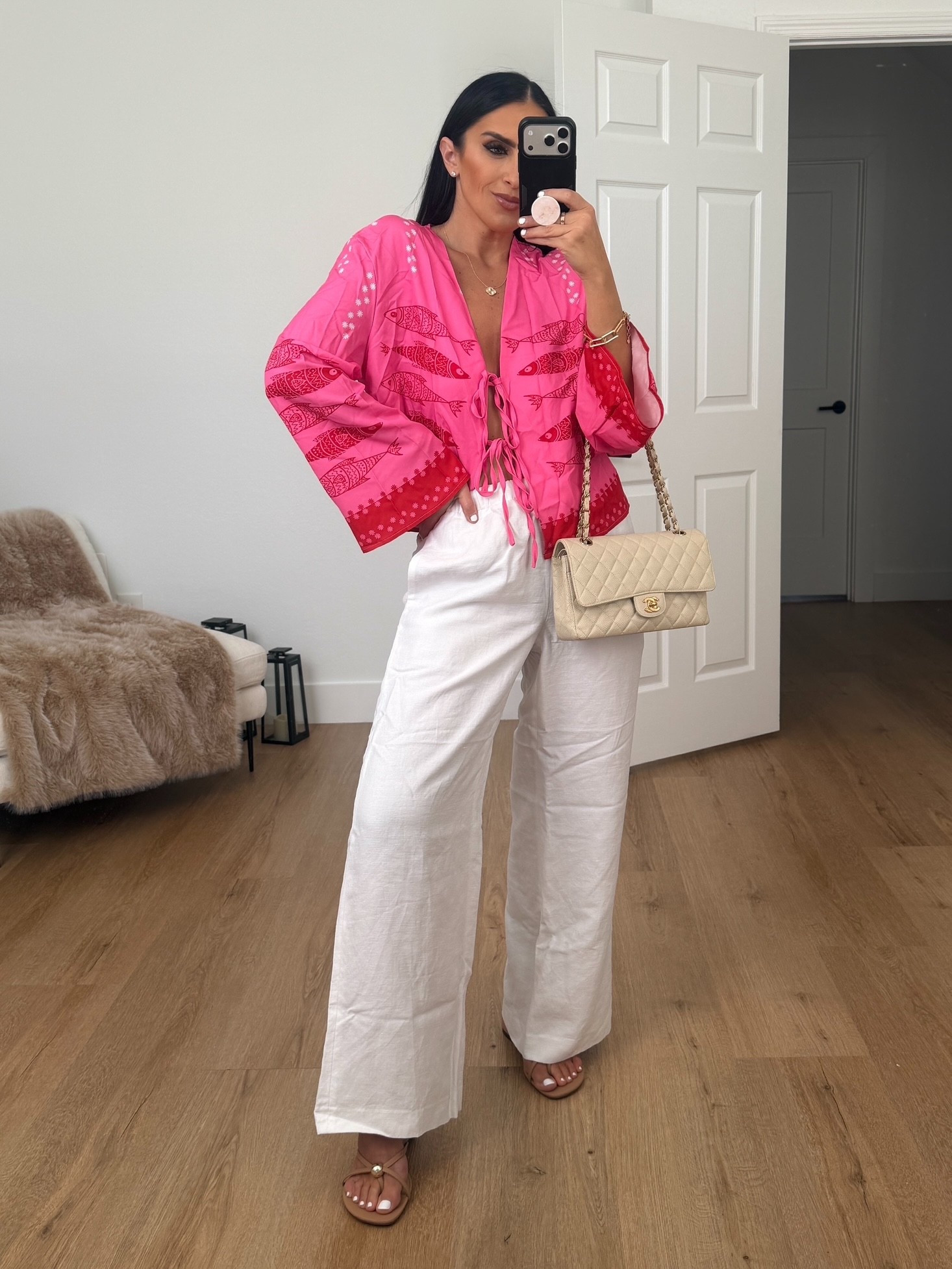 Farm Rio inspired Women's Boho Fish Print Long Sleeve Shirt wearing size medium. 
