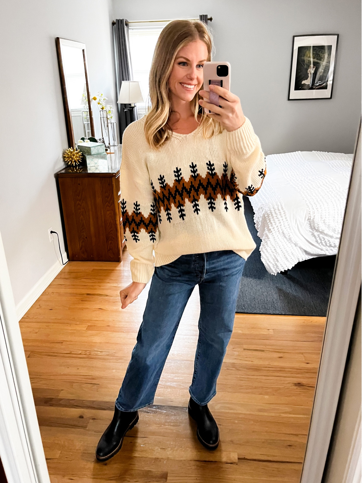 Cute holiday sweater. I sized up to a medium for a looser fit and could also be worn off the shoulder  

#LTKunder50 #LTKHoliday #LTKsalealert