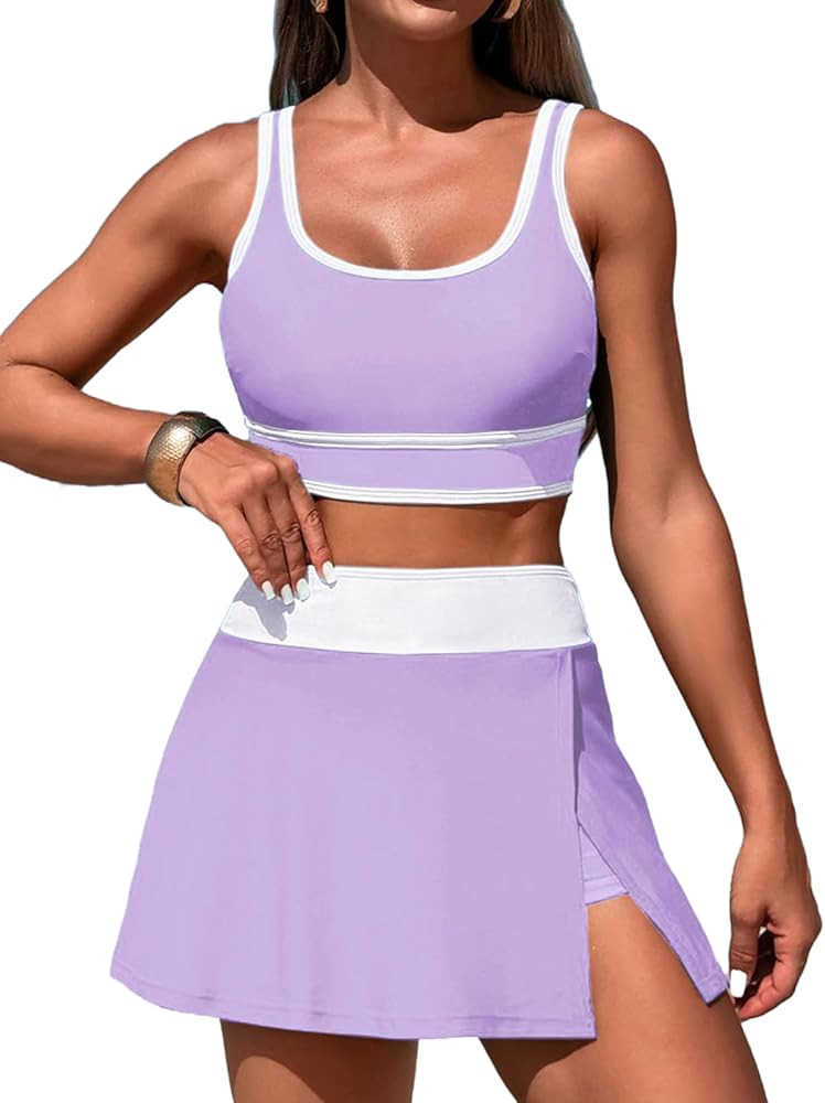 Women's High Waisted Bikini Sets Tummy Control Swim Skirt Two Piece Swim Suit Tummy Control Color... | Amazon (US)