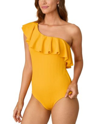 One Shoulder Ruffle Ribbed One Piece Swimsuit | Bloomingdale's (US)