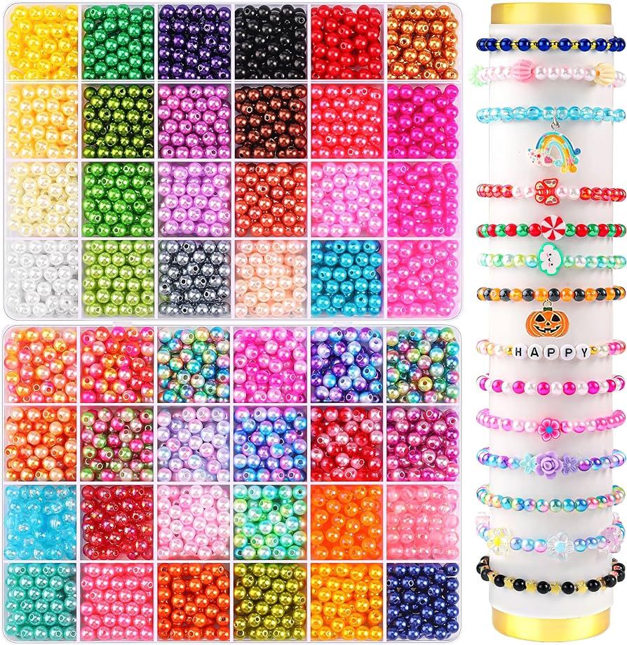 2400PCS Pearl Beads for Jewelry Making 48 Colorful 6mm Round Pearl Beads for Bracelets Making Kit... | Amazon (US)