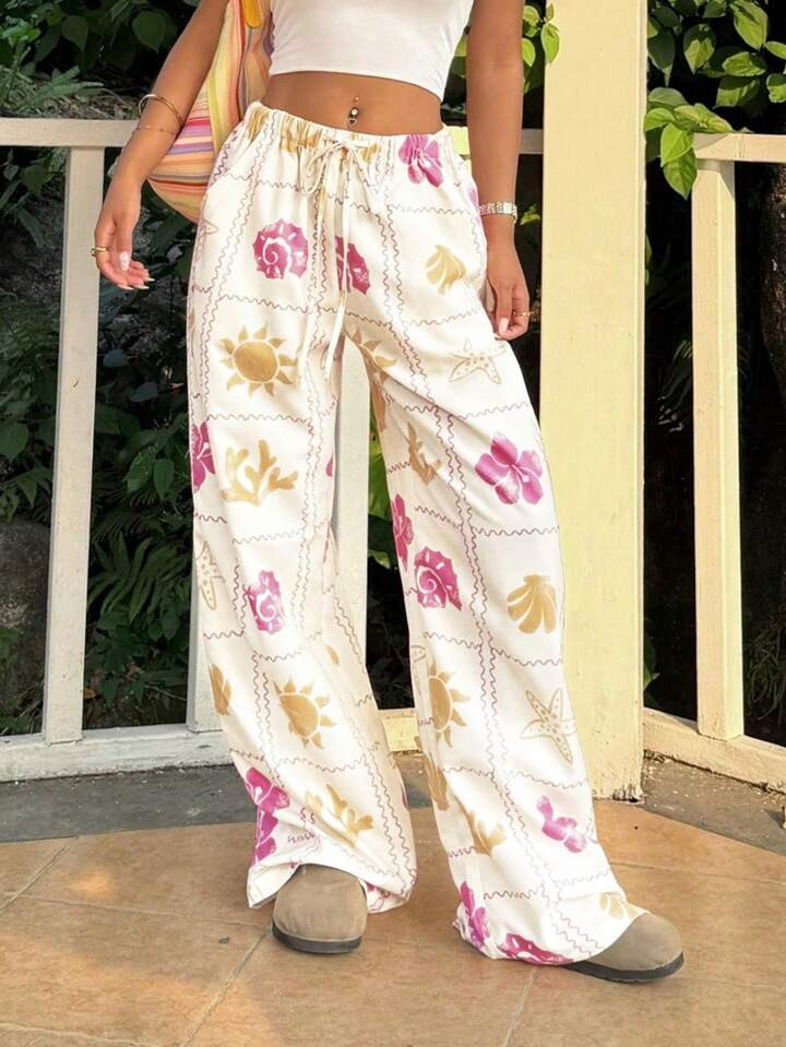 Muchica Summer Casual Multi-Color All-Over Print Women's Knotted Pants | SHEIN