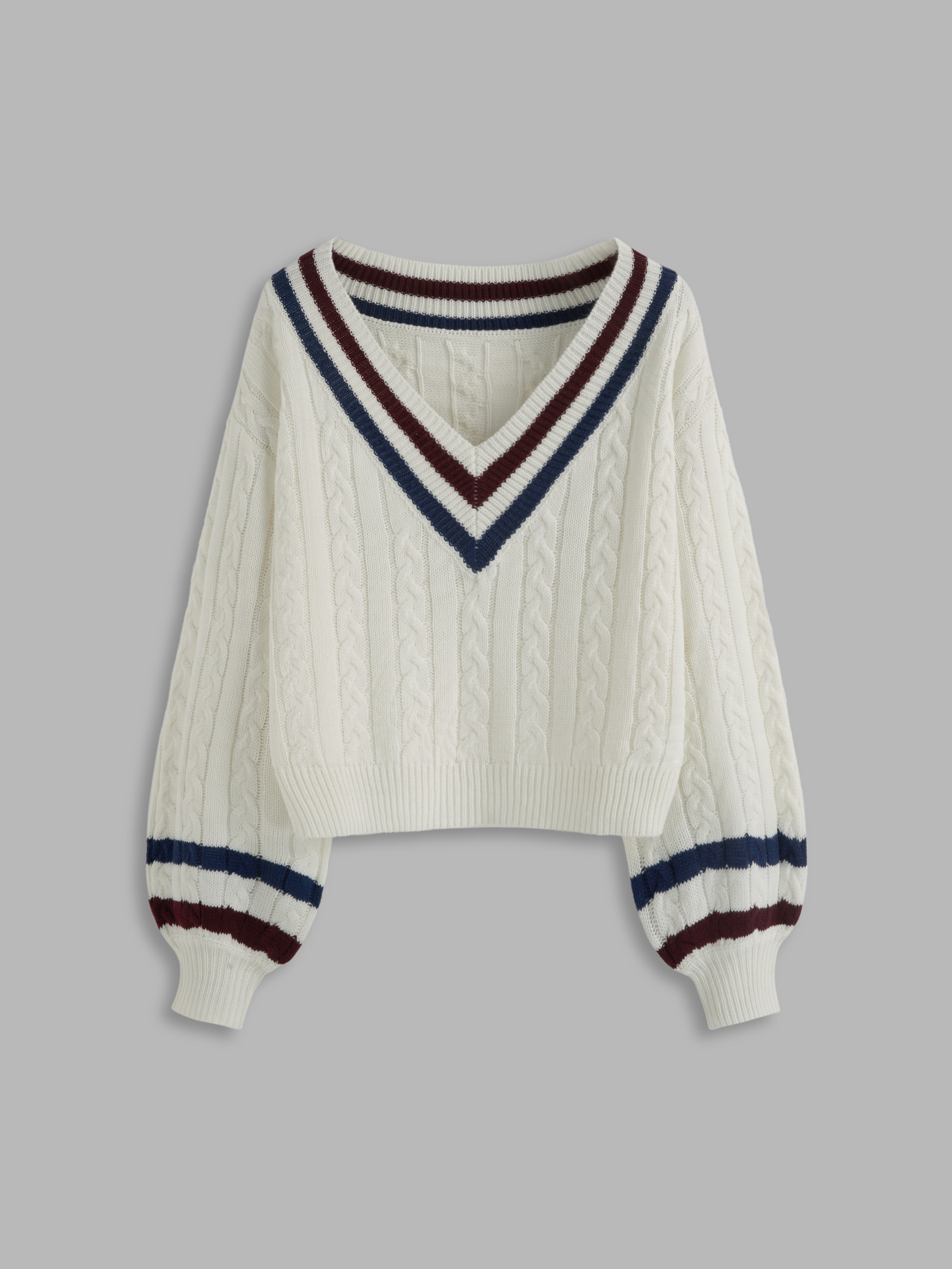Preppy Knit Fabric Cable Knit V-neck Solid Contrasting Binding Long Sleeve Top For School | Cider