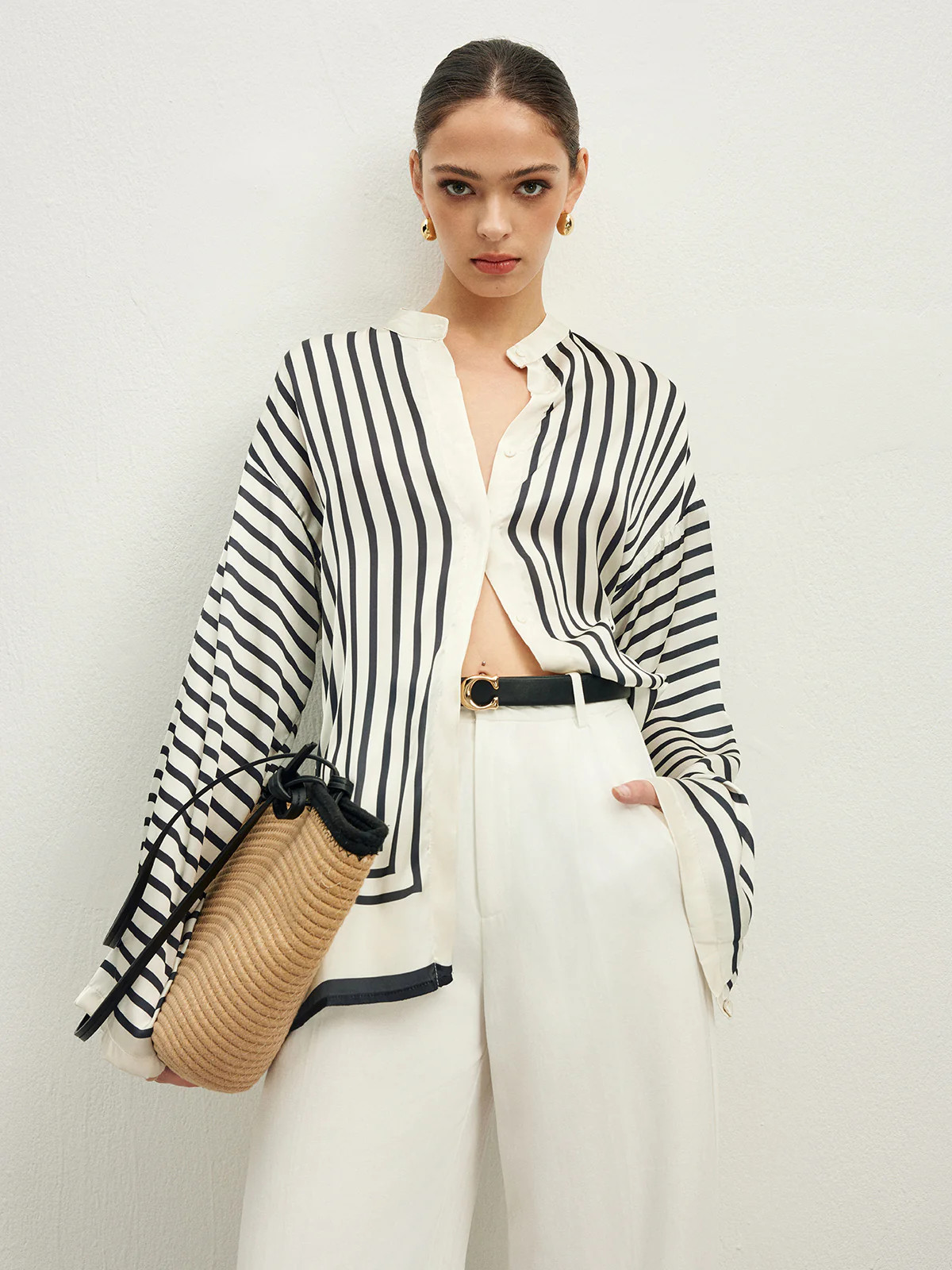 Satin Striped Button Cozy Blouse | Commense