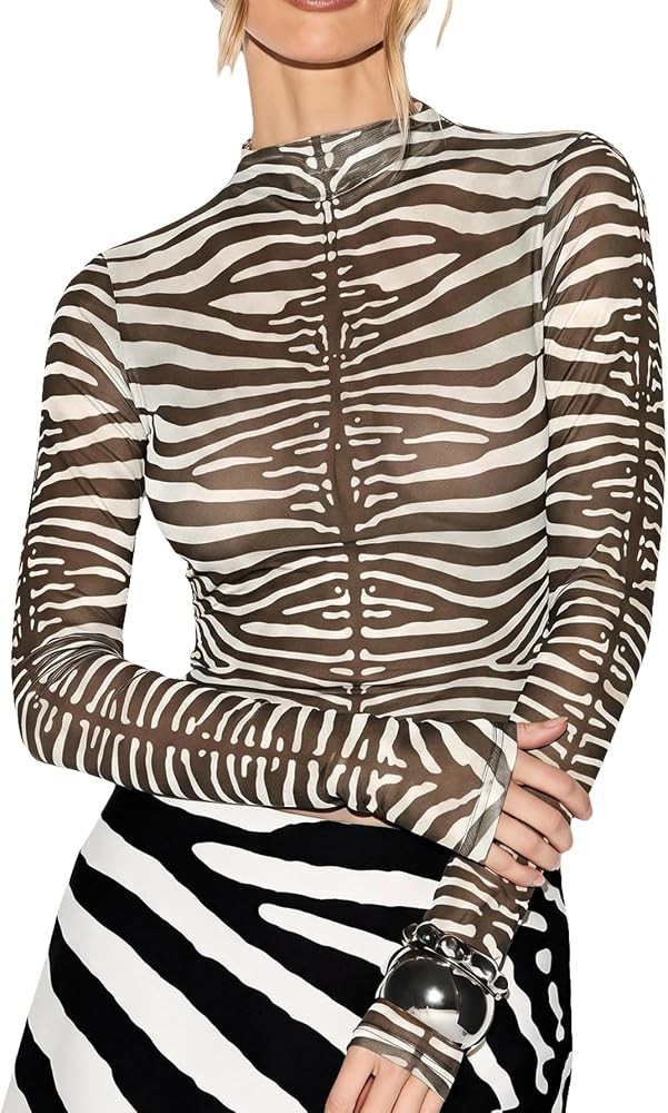 SOLY HUX Women's Zebra Print Mesh Long Sleeve Tops Mock Neck Sheer T Shirt | Amazon (US)