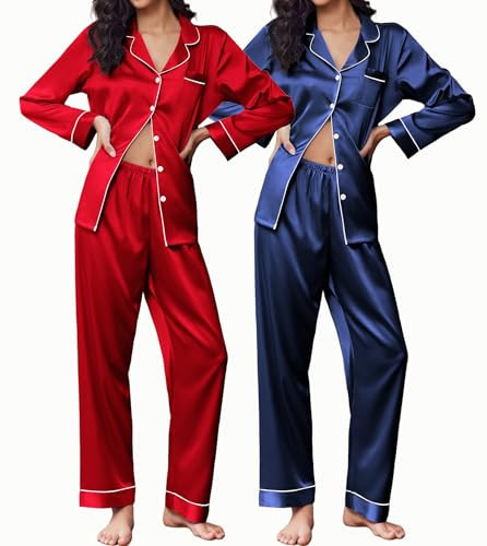 Ekouaer 2 Pack Satin Pajamas Set for Women Classic Button Down Silk Pjs Set Soft Sleepwear,Navy Blue/Red,Small | Amazon (US)
