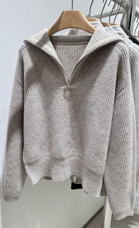 Ribbed half zip sweater Light Grey / S | Casual Chic Boutique
