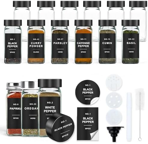 Spice Jars with Label, 12pcs 4oz Glass Spice Jars with Black Lids, Square Spice Containers with 1... | Amazon (US)