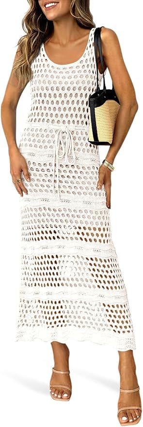 Saodimallsu Womens Crochet Beach Cover Up Dress Sleeveless Scoop Neck Drawstring Long Dresses Sum... | Amazon (US)