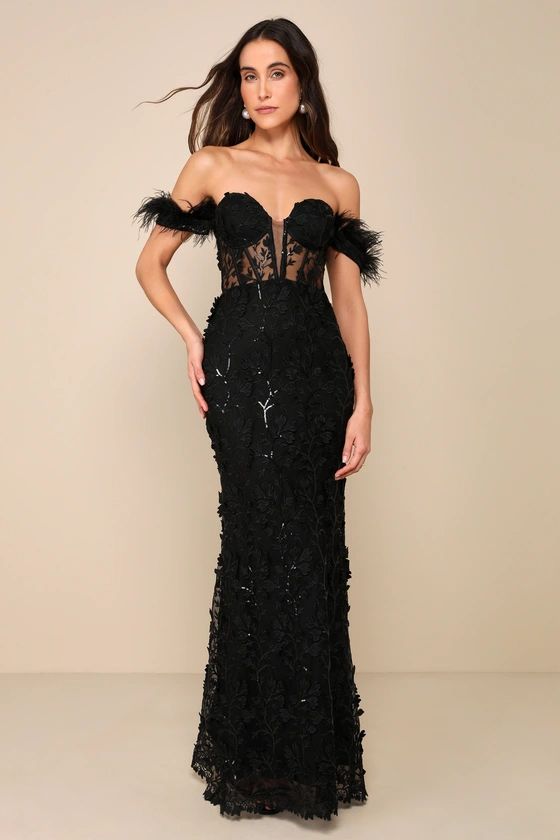 Midnight Sparkle Black Embroidered Feather Bustier Maxi Dress | Lulus