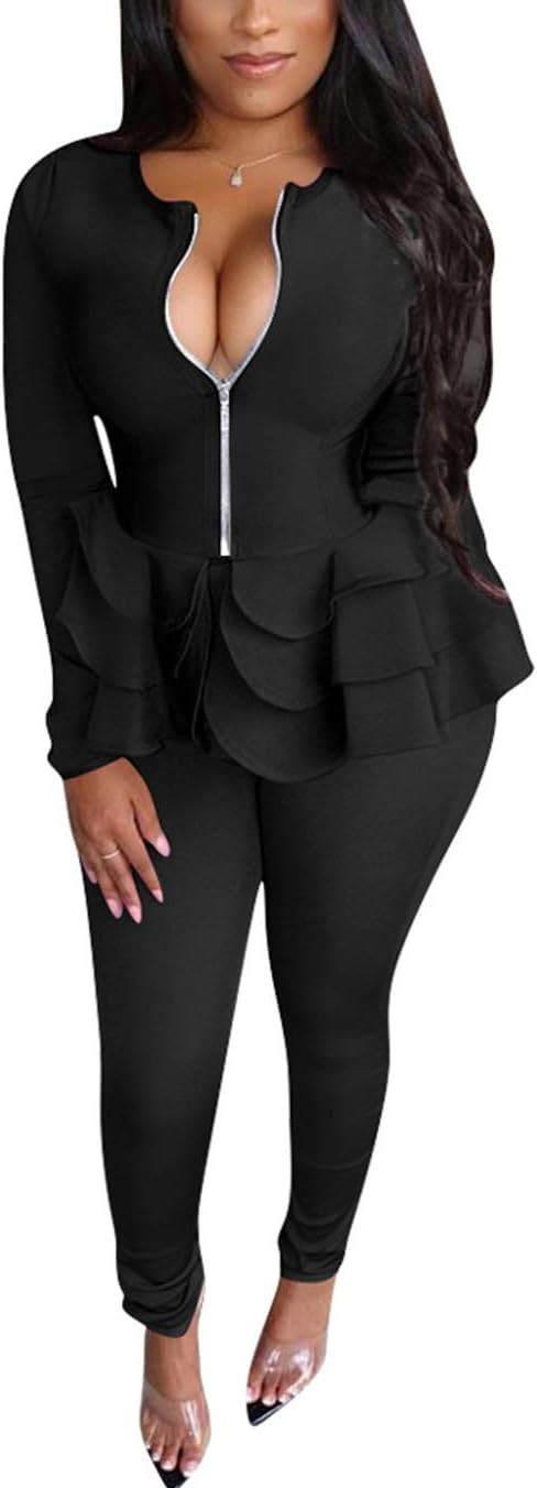 Two Piece Outfits for Women Sexy - Long Sleeve V Neck Peplum Ruffle Raw Hem Pullover Tops Bodycon... | Amazon (US)