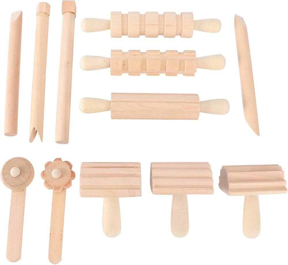 Kisangel 12pcs Wooden Dough Tools Clay Pattern Rolling Pin Set Dough Molding Shaping Tool for Tod... | Amazon (US)