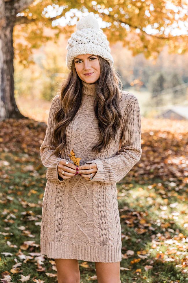 CAITLIN COVINGTON X PINK LILY The Carla Mocha Cable Knit Sweater Dress | The Pink Lily Boutique