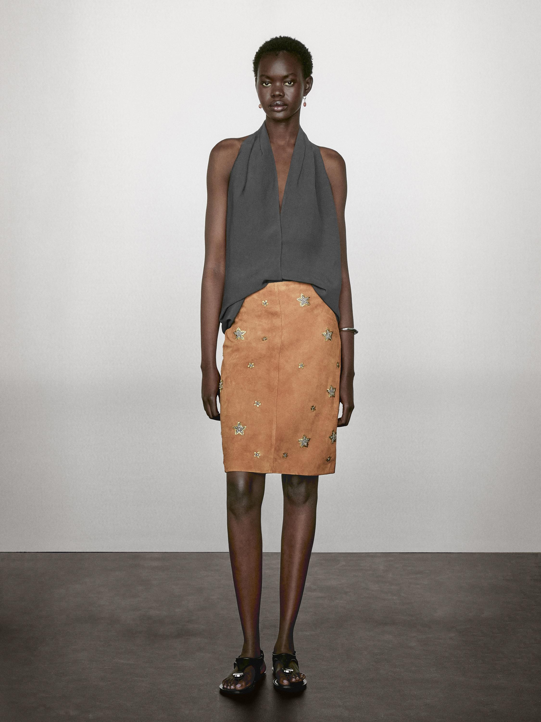 Suede leather skirt with rhinestone detail | Massimo Dutti UK