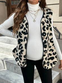 SHEIN Pregnant Women Leopard Print Front Button Sleeveless Plush Jacket For Autumn/Winter, For Ma... | SHEIN