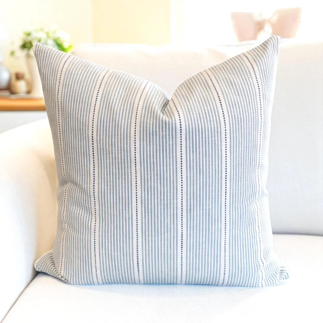 Blue Striped Pillow Cover Modern Chambray Coastal Hampton Style Pillow Designer Striped Pillow Na... | Etsy (US)