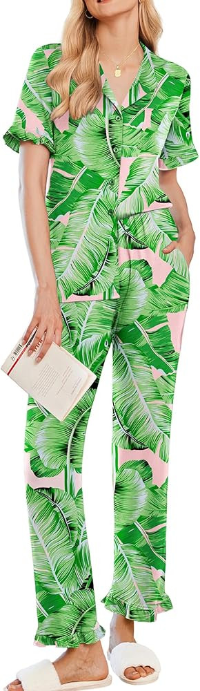 Ekouaer Women's Pajama Sets Ruffle Button Up Pj Sets 2 Piece Short Sleeve Pants Lounge Set with P... | Amazon (US)