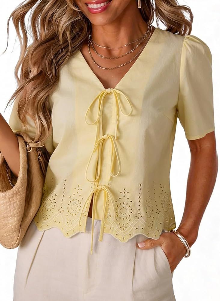 Dokotoo Womens Tie Front Tops Summer V-Neck Puff Short Sleeve Crop Tops Loose Fit Blouses Eyelet ... | Amazon (US)