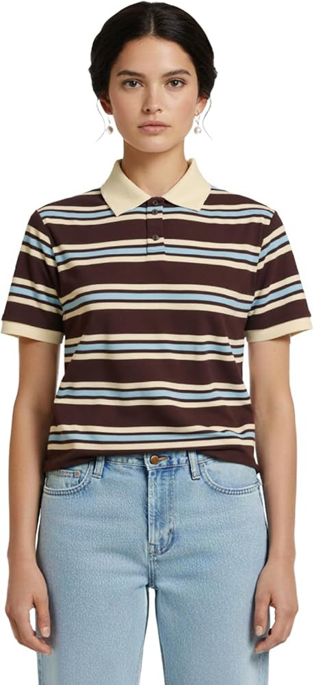 Women Striped Rugby Shirts Y2K Vintage Collared Neck Button Up Cropped Polo Shirts Summer Preppy ... | Amazon (US)