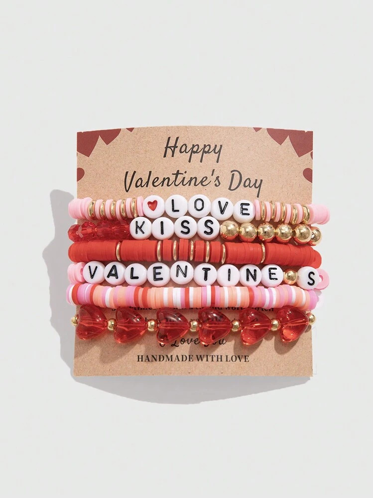 ROMWE Kawaii 6pcs/Set Romantic Heart Shaped Beaded Bracelets, Valentine's Day Gift For Women | SHEIN