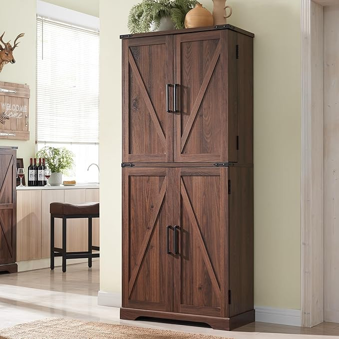 72" Tall Kitchen Pantry, Farmhouse Storage Cabinet with Barn Doors, Organizer, Drawer and Adjusta... | Amazon (US)