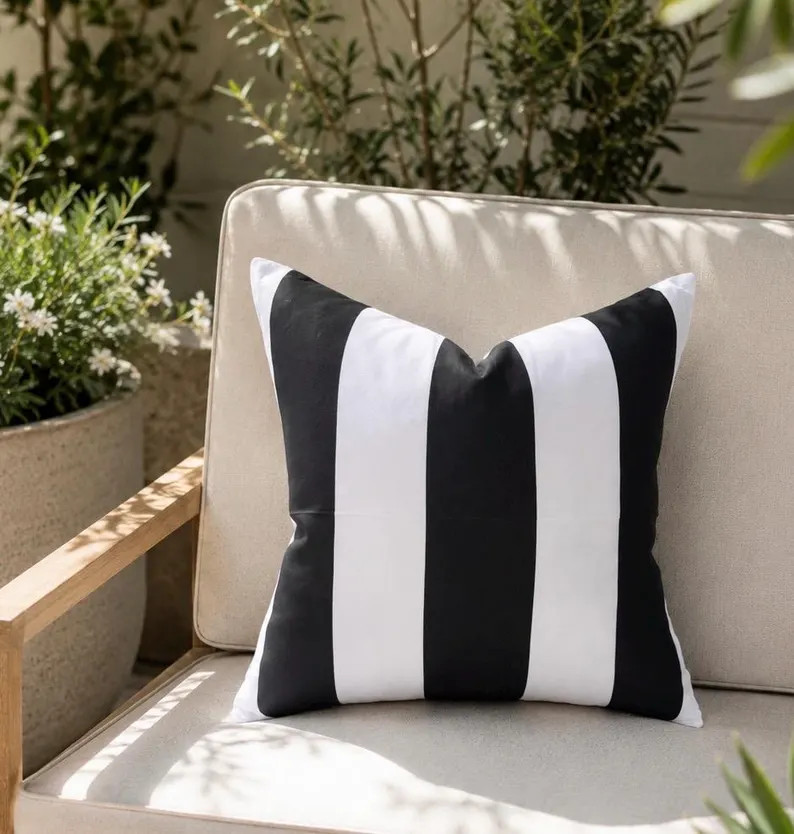 Black White Cabana Stripe Outdoor Pillow Cover (18x18") | Coastal Patio Cushion | Etsy (Global)