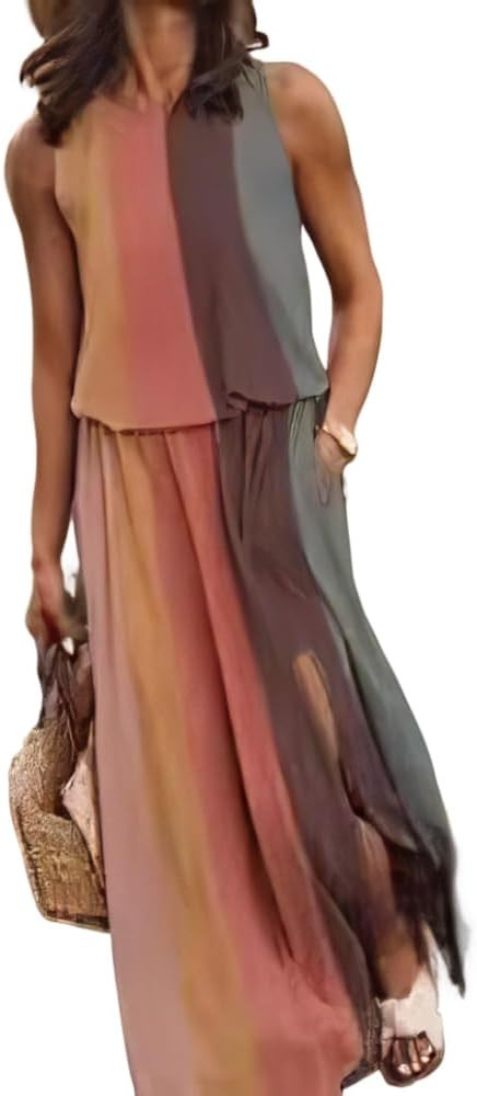 Women's Summer Tiered Sleeveless Split Maxi Dress with Pockets Spring Casual Crew Neck Floor Leng... | Amazon (US)